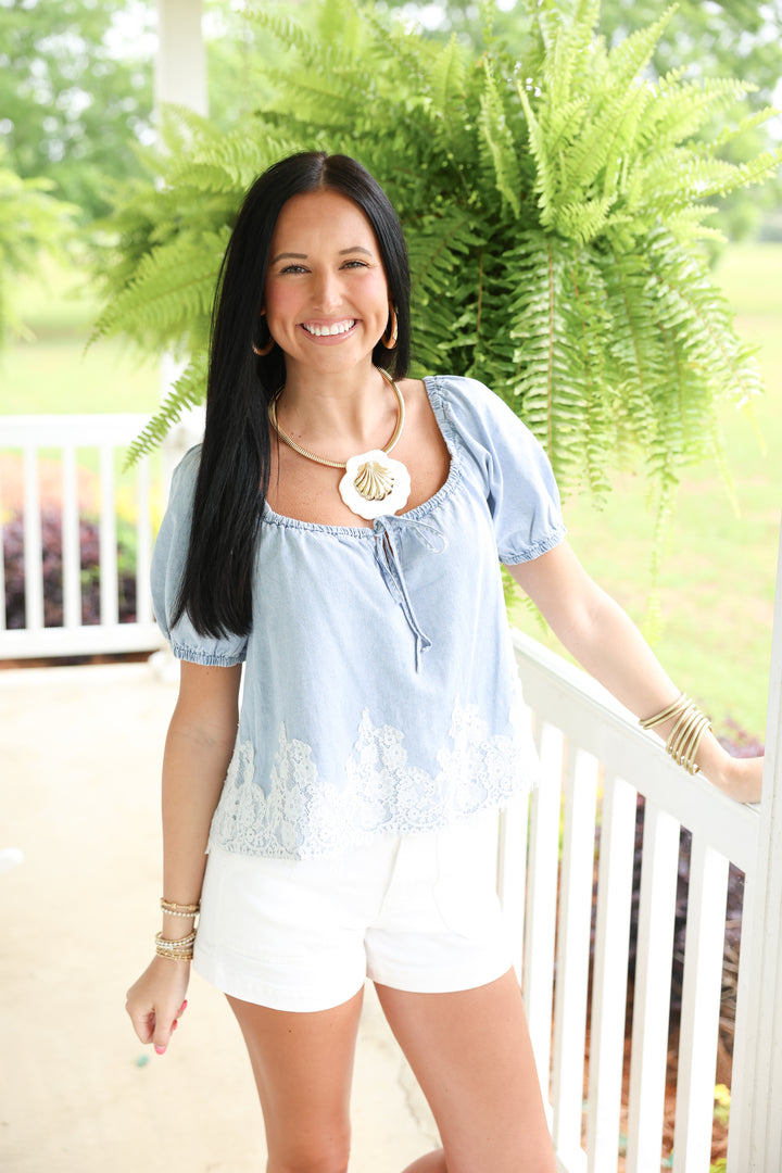 Square Neck Denim Top W/ Lace Detail