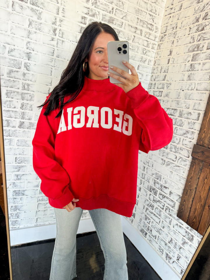 'Georgia' Embroidered Mock Neck Sweatshirt "Red"