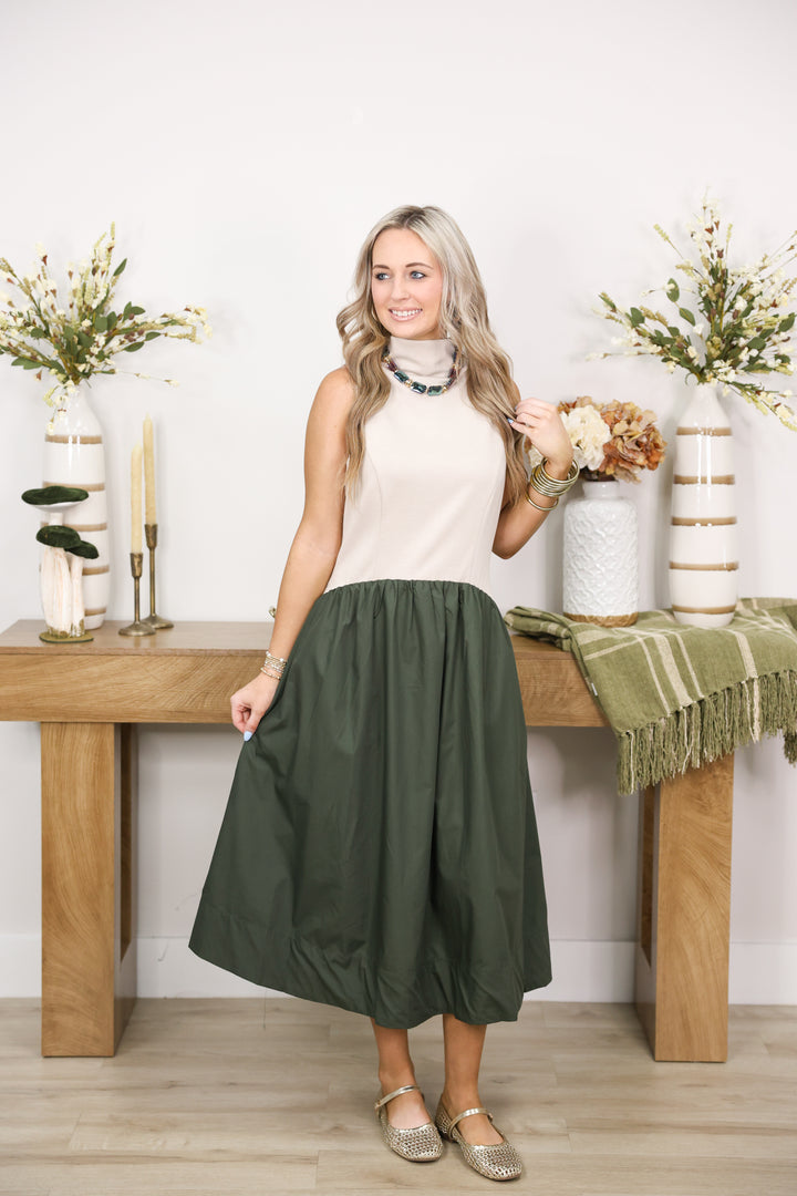 Solid Sleeveless Mock Neck Midi Dress "Oat"