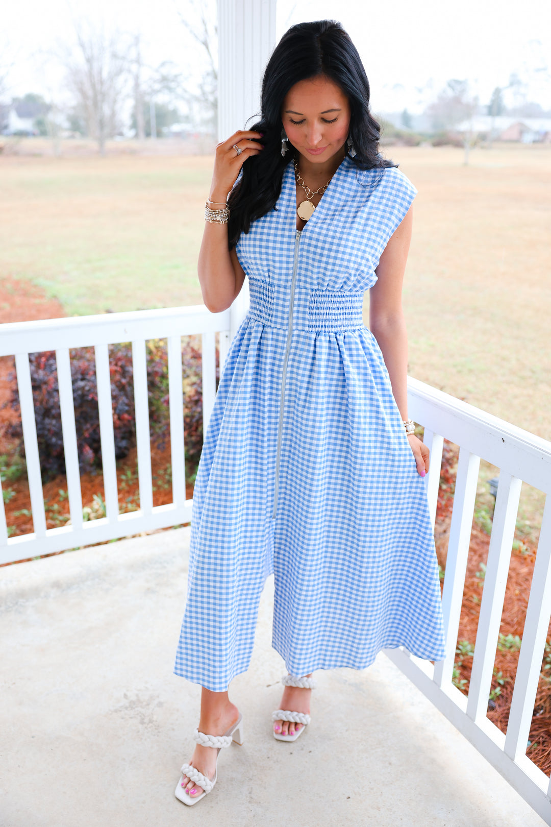 Gracious Gingham Zipper Dress "Blue"