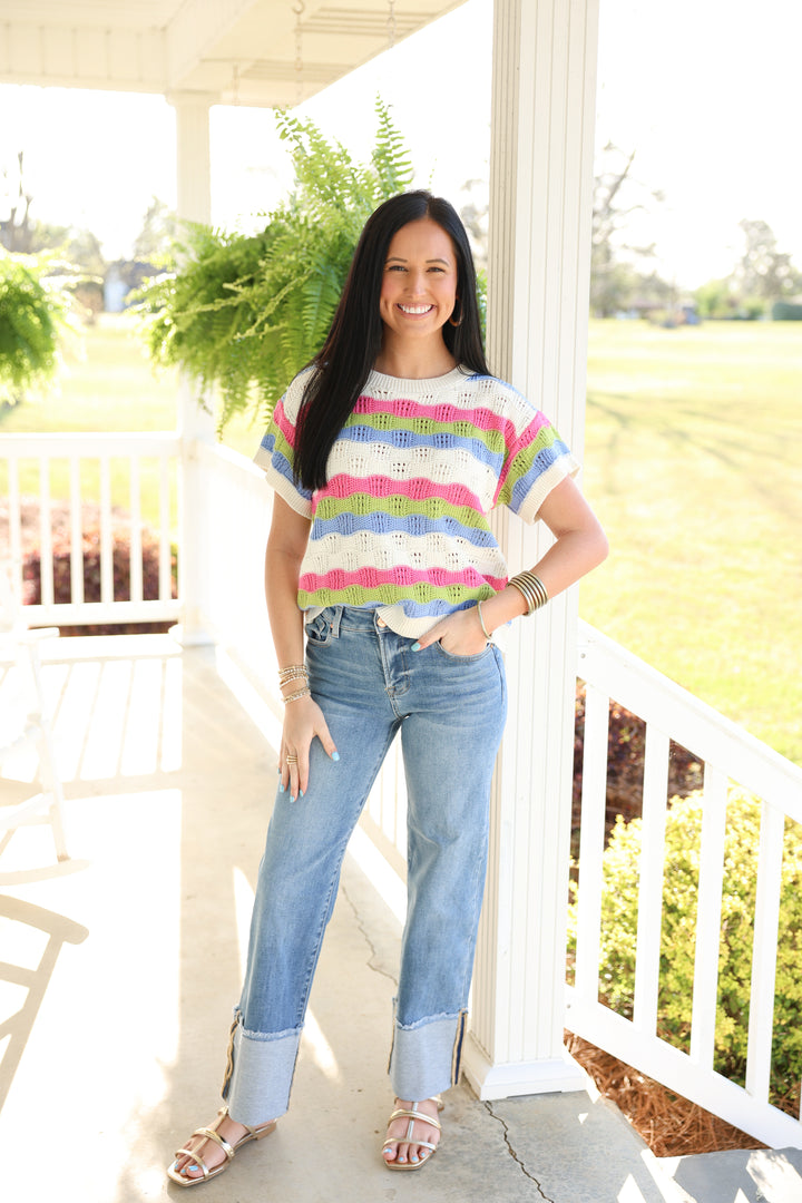 Retro Summer Multi Stripe Textured Crochet Sweater Top