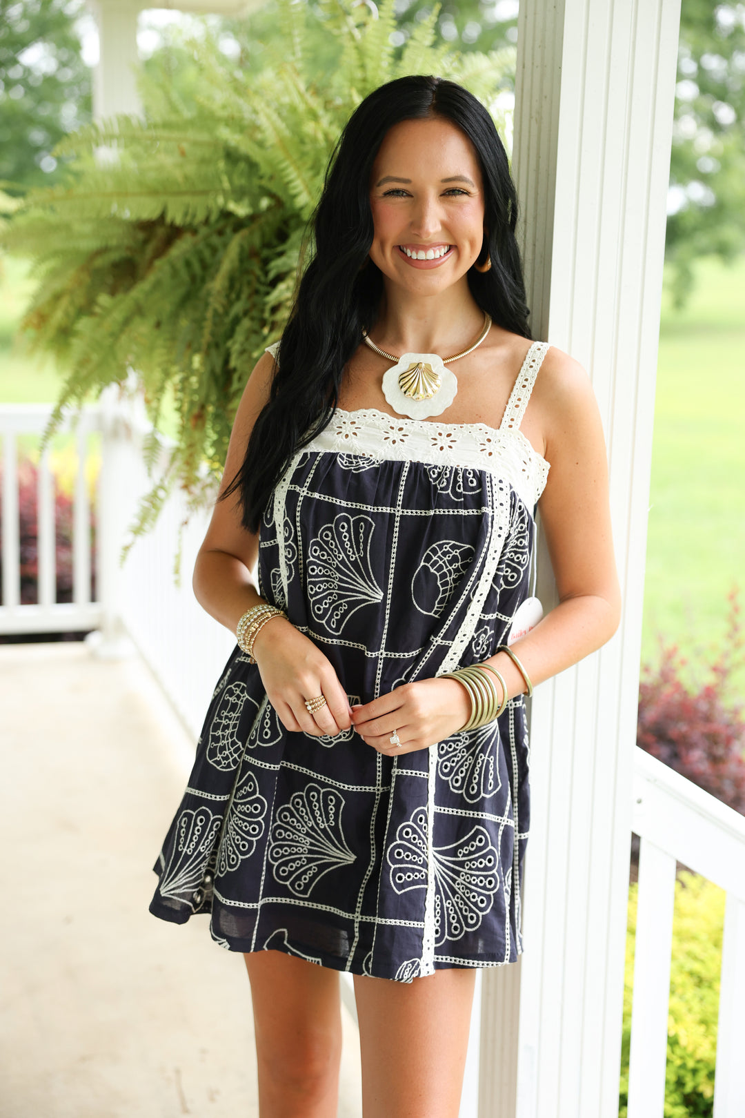 Eyelet Lace Trim Babydoll Mini Dress "Navy"