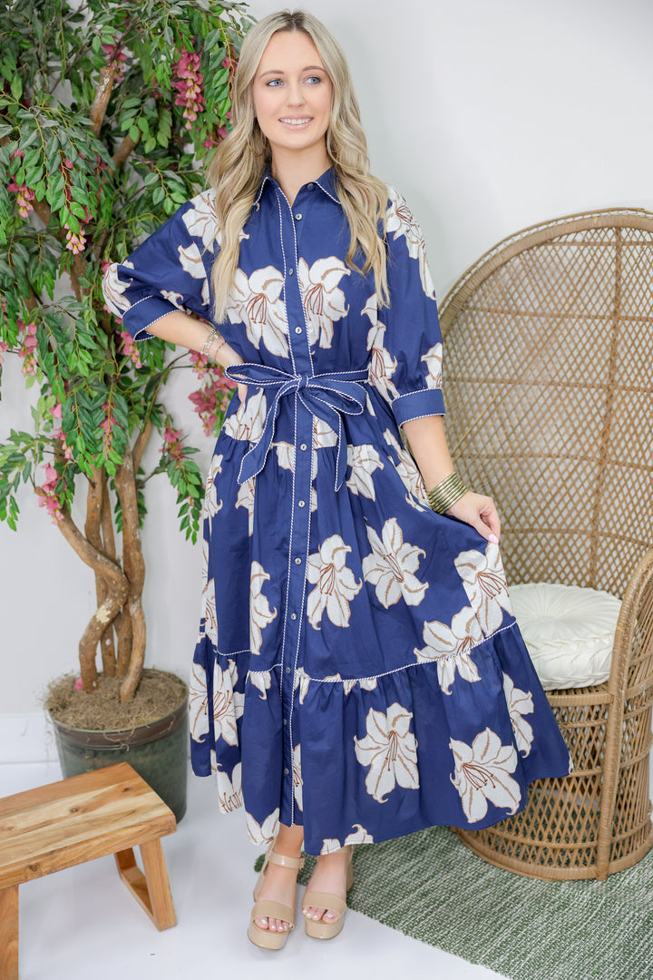 Demi Floral Print  3/4 Sleeve Midi Dress "Navy"