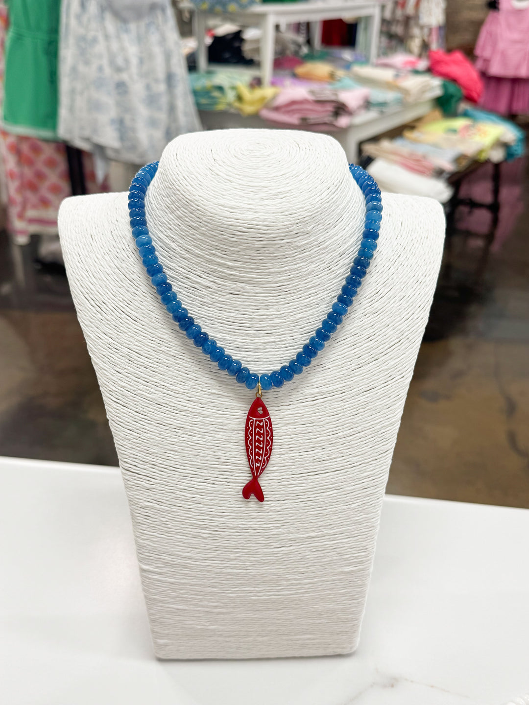 Hart Designs Jewelry - Blue Beaded Necklace "Red Fish"