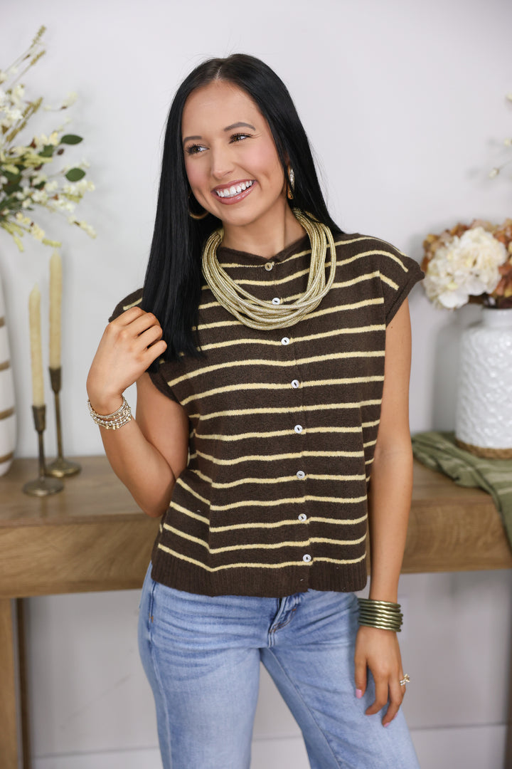 Striped Cap Sleeve Piper Vest "Brown"