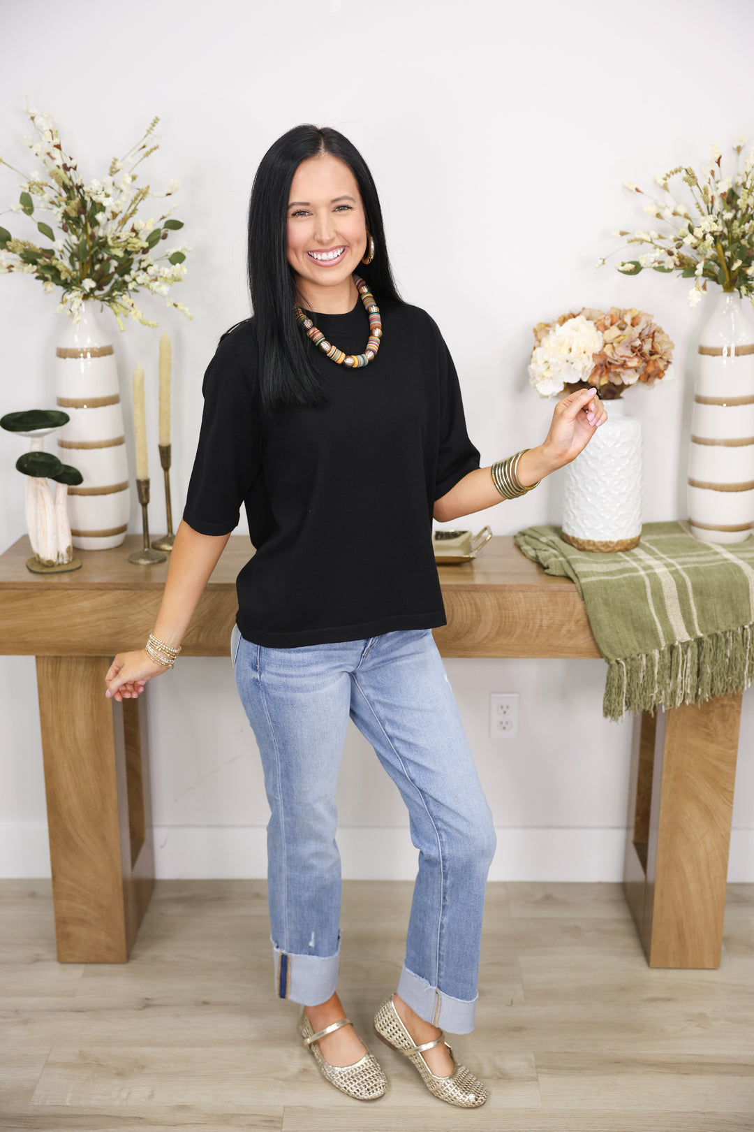 Half Sleeve Round Neck Comfy Sweater Top "Black"