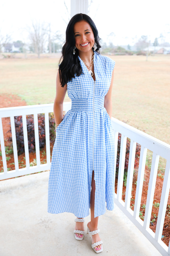 Gracious Gingham Zipper Dress "Blue"