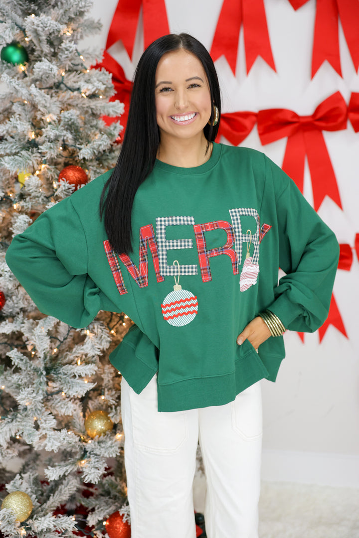 Merry with Ornament Patchwork Oversized Top "Hunter Green"
