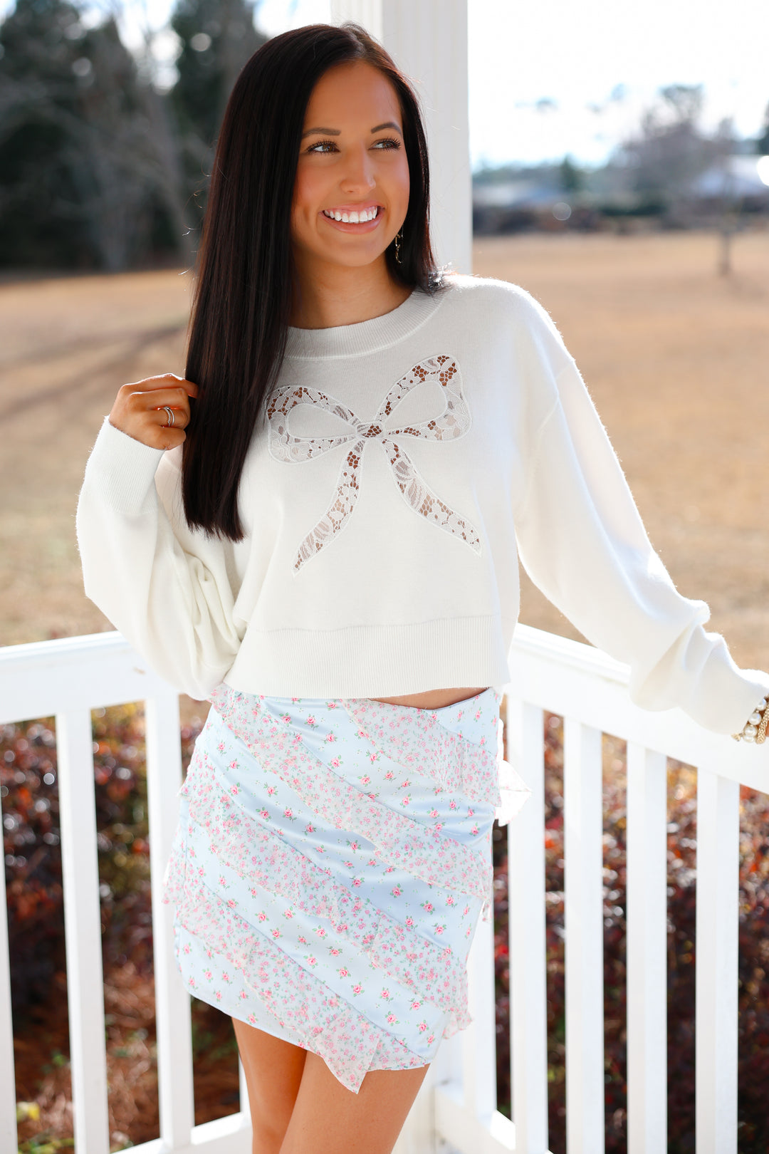 Bow Lace Laser Cut Cropped Sweater "White"