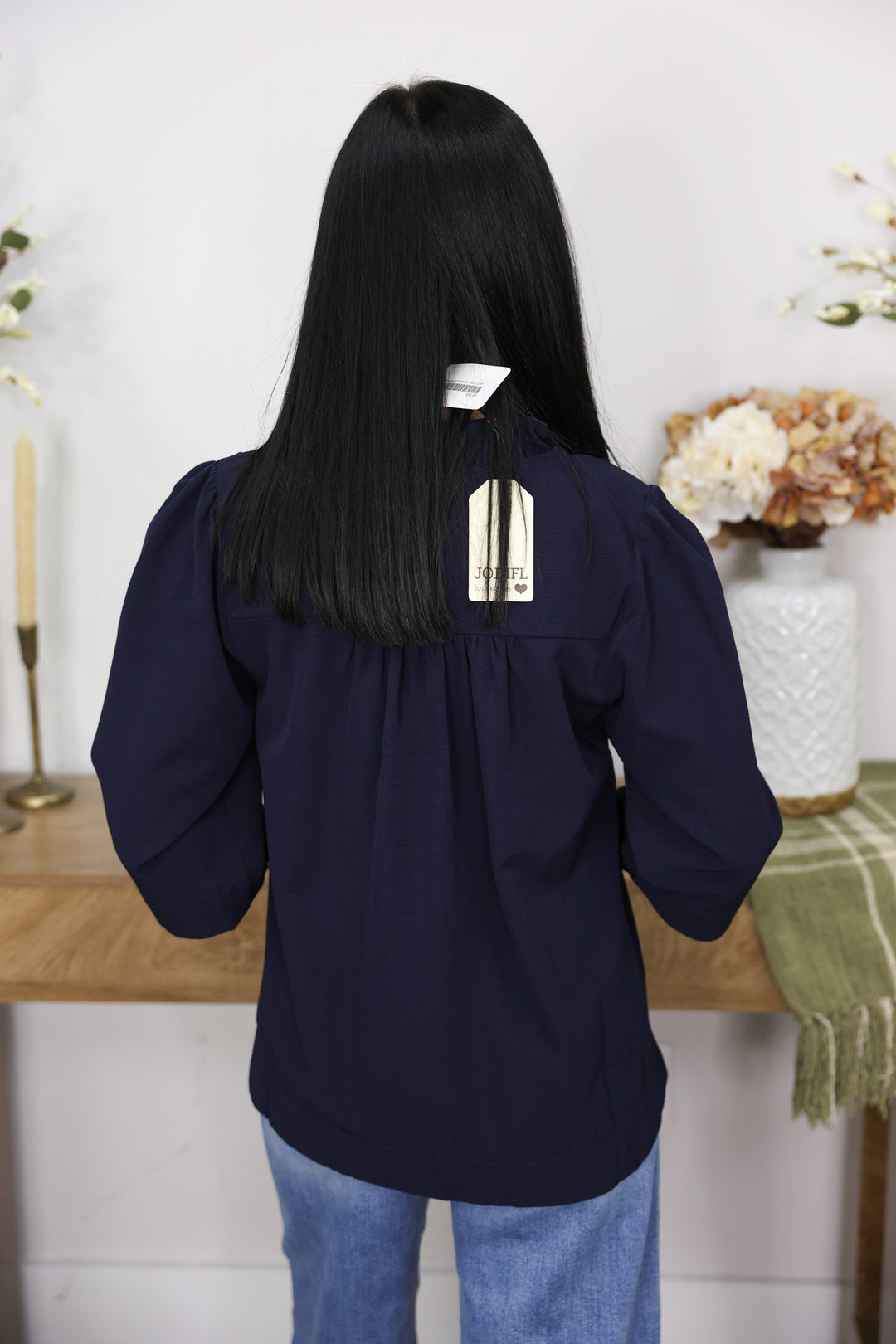 3/4 Sleeves Crinkled Solid Top W/ Ruffled Neckline "Navy"