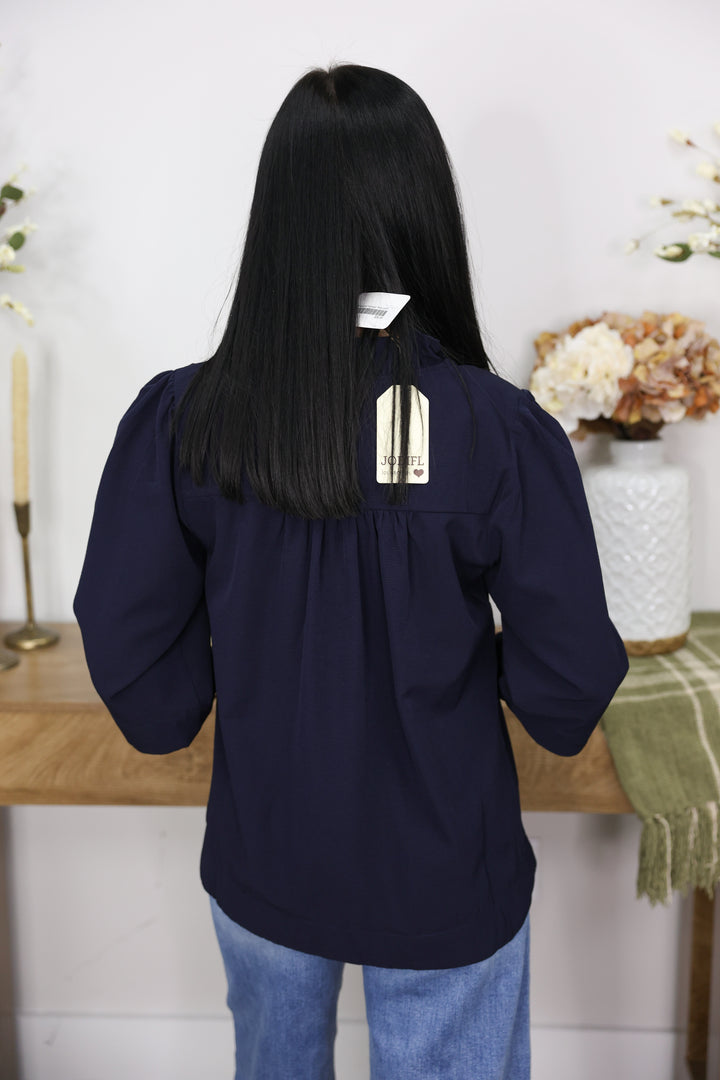 3/4 Sleeves Crinkled Solid Top W/ Ruffled Neckline "Navy"