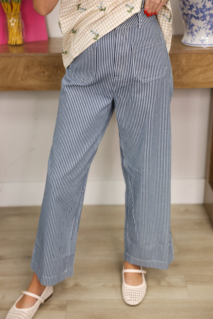 Striped Wide Leg Cropped Pants W/ Front Patch Pockets "Navy"