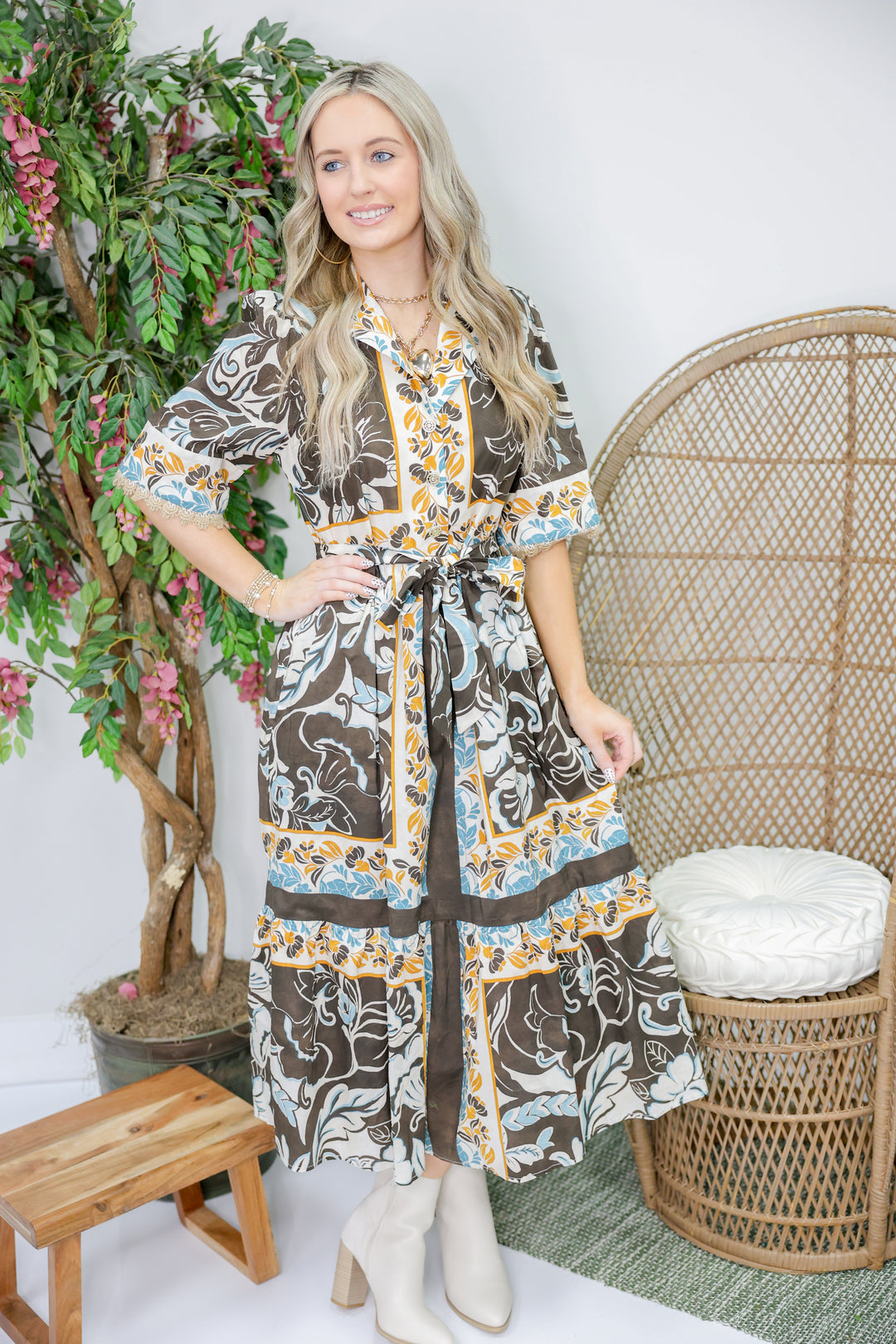 Brownstone Blossoms Midi Dress "Brown"