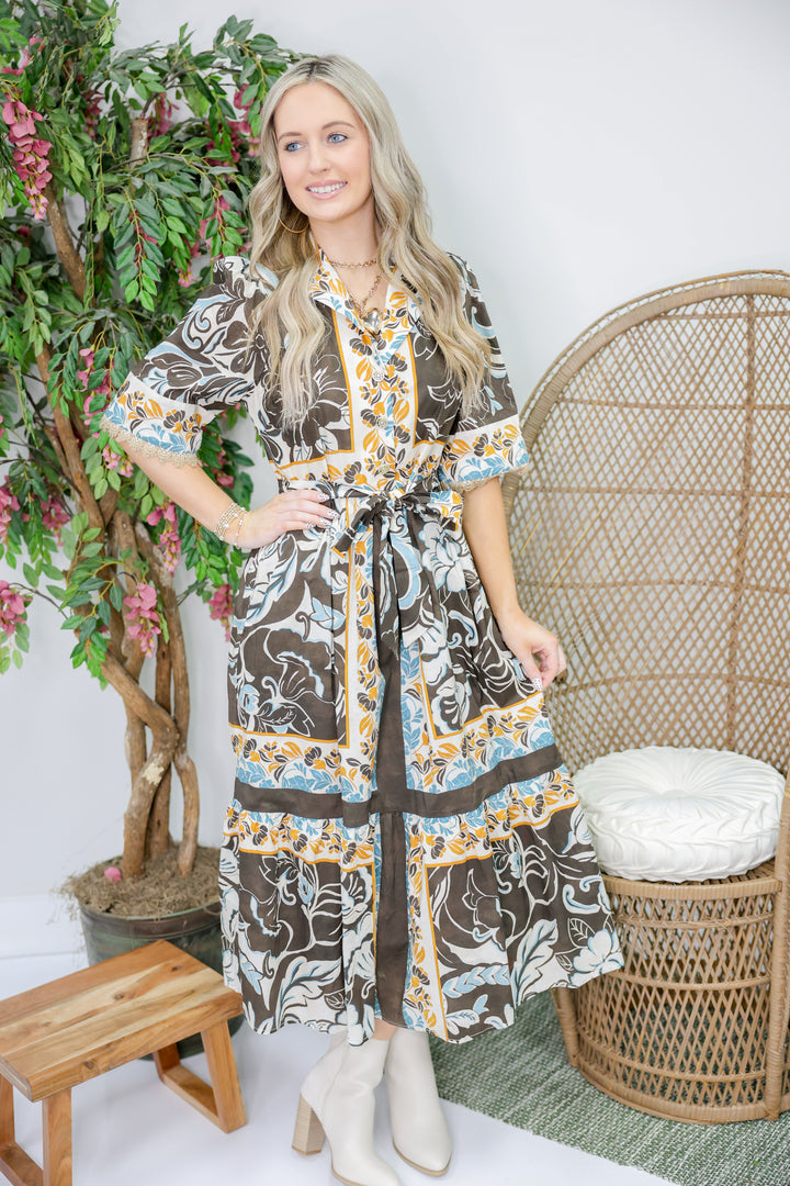 Brownstone Blossoms Midi Dress "Brown"