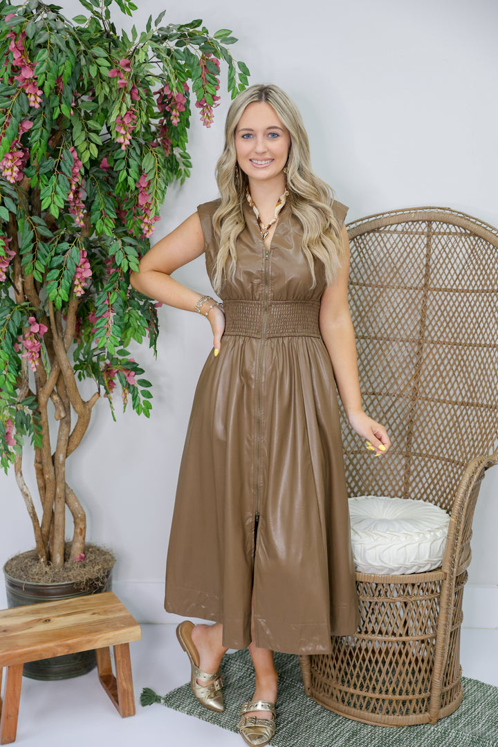 Gracious Faux Leather Zipper Midi Dress "Mocha Mousse"