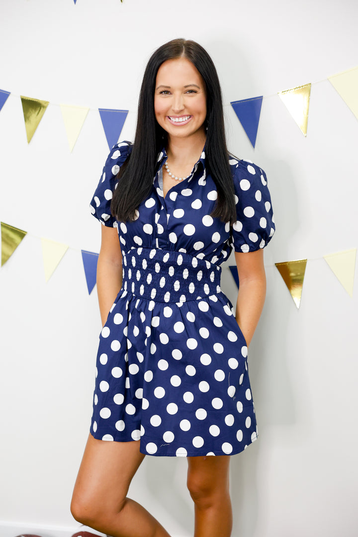 Polka Dot Smocked Waist Mini Dress "Navy"