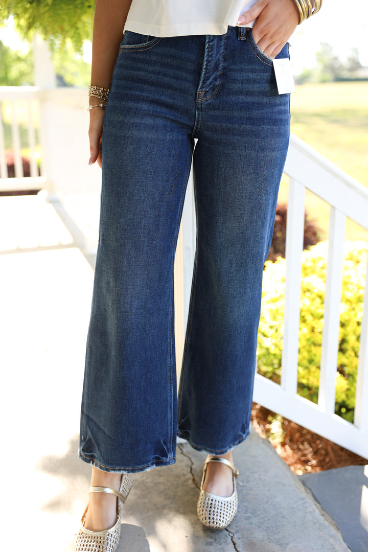 Risen - TC 4-Way Stretch High Rise Crop Wide Jeans "Dark"