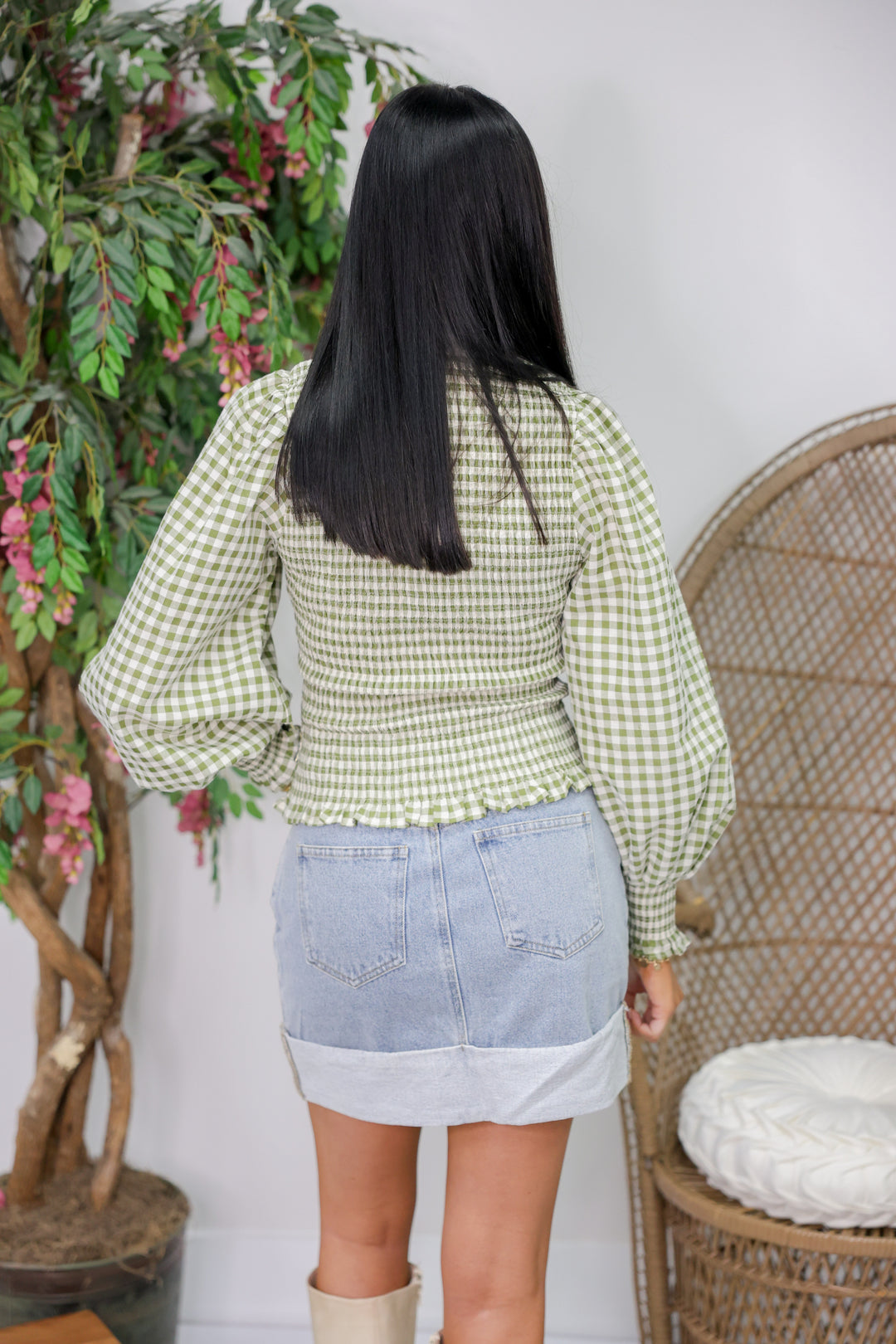 Gingham Long Puff Sleeve Top "Olive"