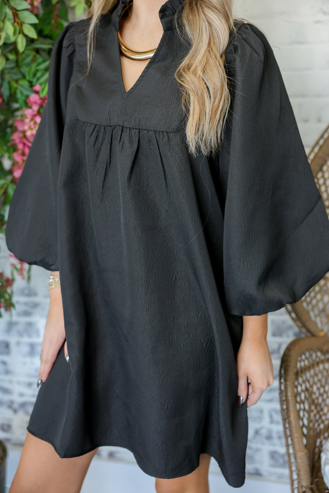 3/4 Balloon Sleeves Babydoll Dress "Black"