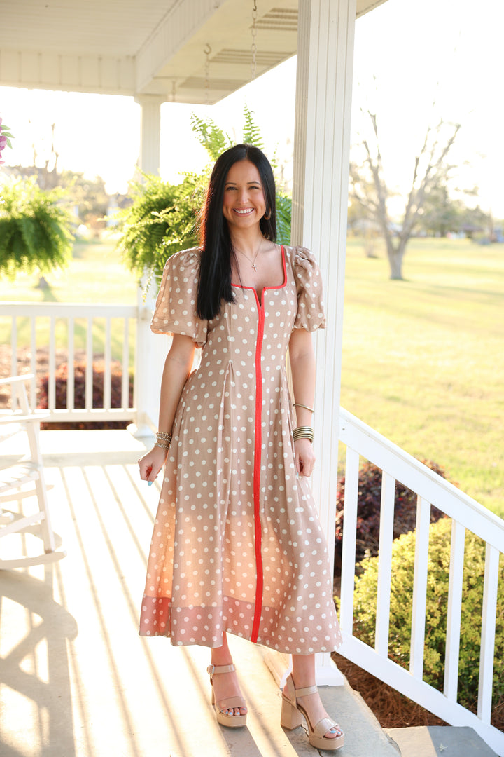 Polka Dot Short Puff Sleeve Midi Dress "Sand"