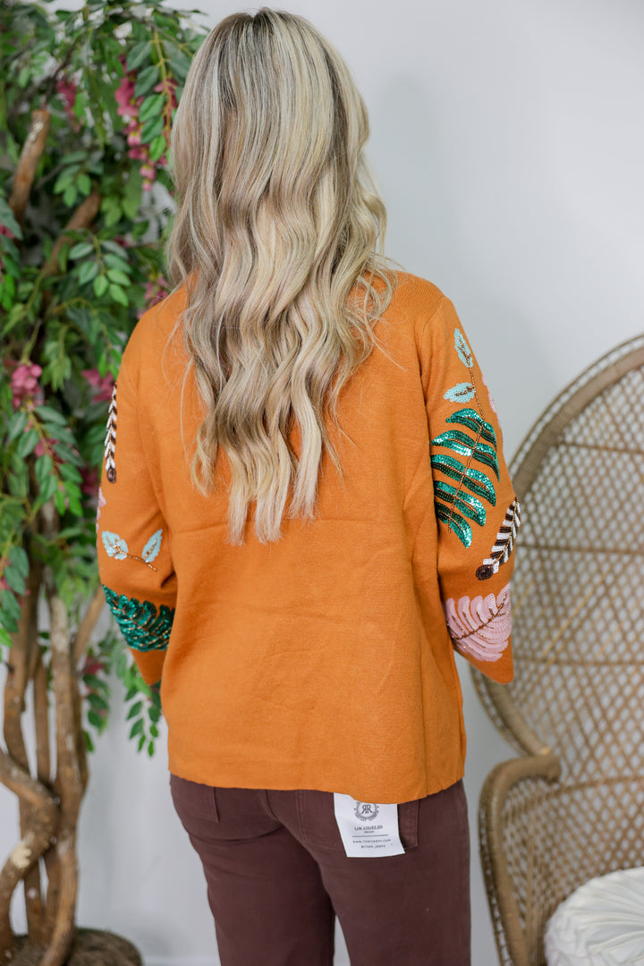 Sequin Embellished Mock Neck Sweater "Tan"