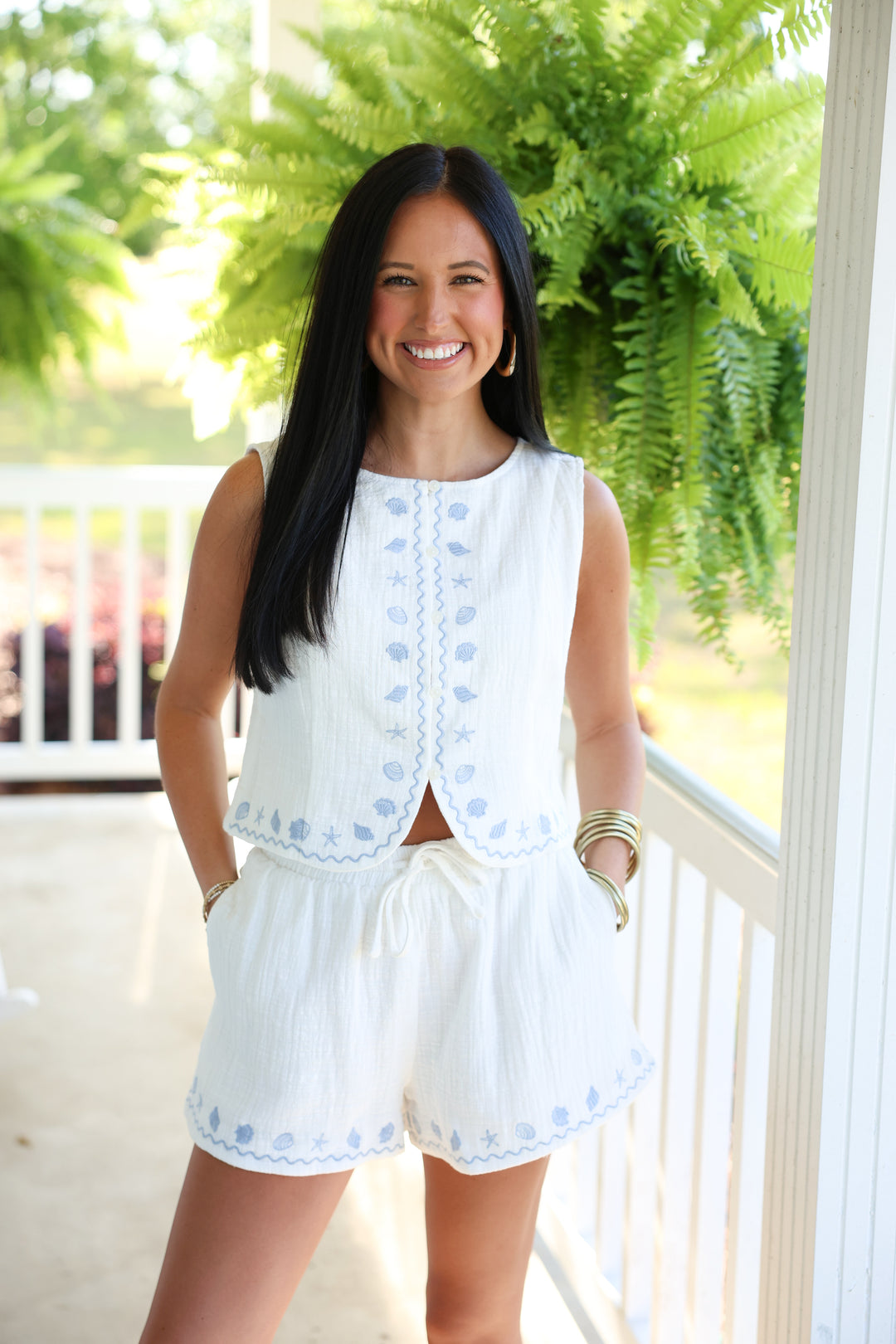 Coastal Vibe Embroidered Vest & Short Set "Off White"