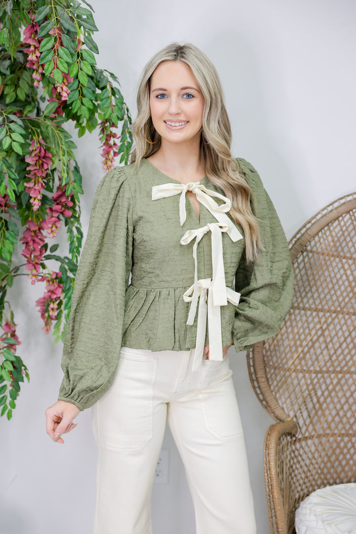 Bubble Bow Blouse "Dusty Olive"