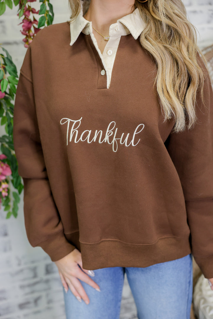 'Thankful' Embo Detail Fleece French Terry Sweatshirt