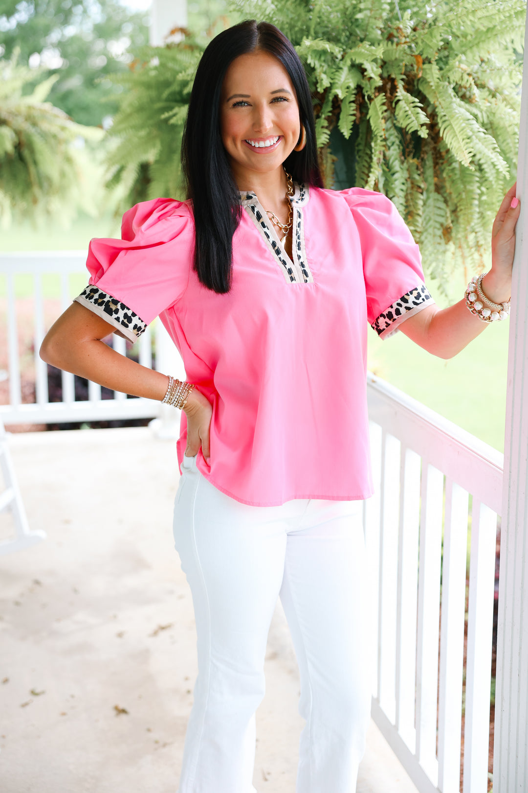 Leopard Trim Top "Pink"