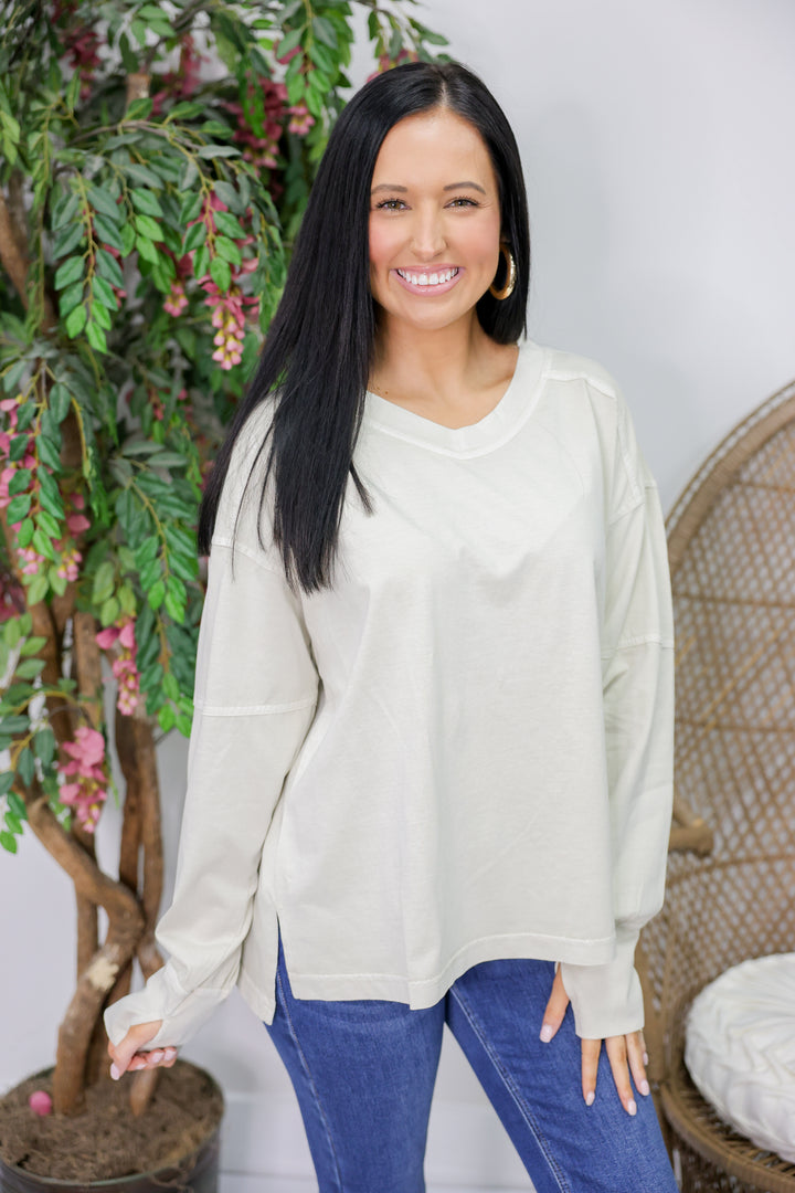 Pigment Washed V-Neck LS Top