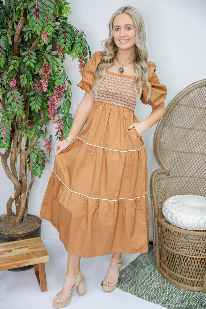 Cinnamon Poplin Smocked Dress