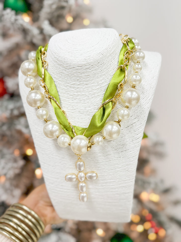 Hart Designs Jewelry - Lime Chain Scarf Necklace "Pearl Cross"