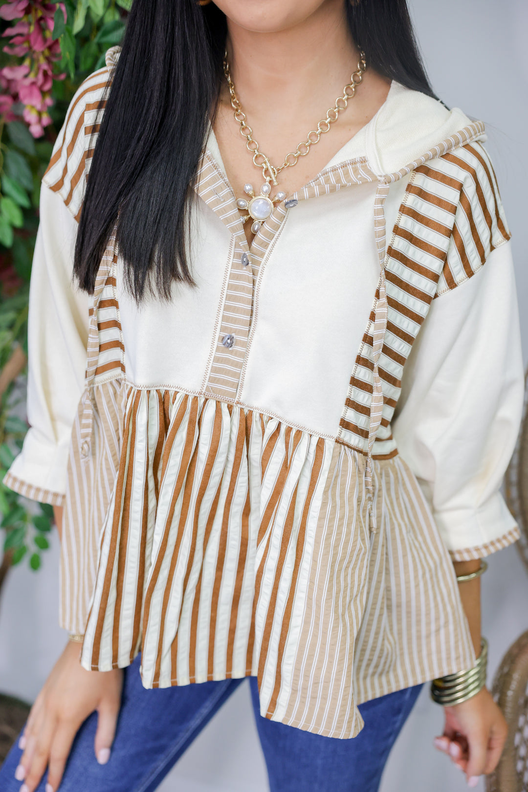 Striped 3/4 Sleeve Peplum Hoodie Top "Brown"