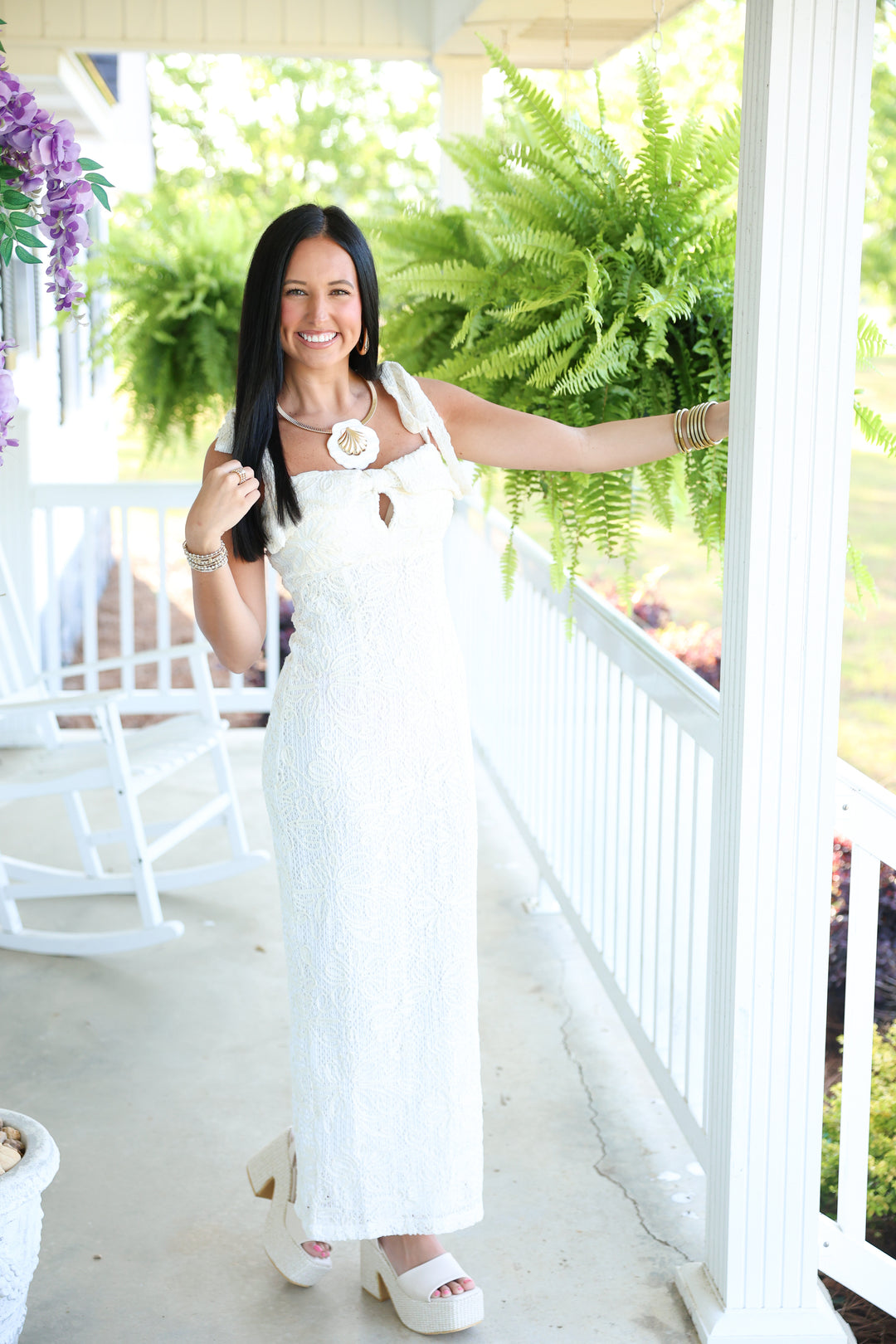 Crochet Embroidered Tie Shoulder Midi Dress "Off White"