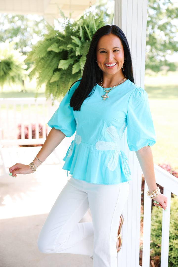 Floral Colorblock Poplin Top "Aqua Blue"