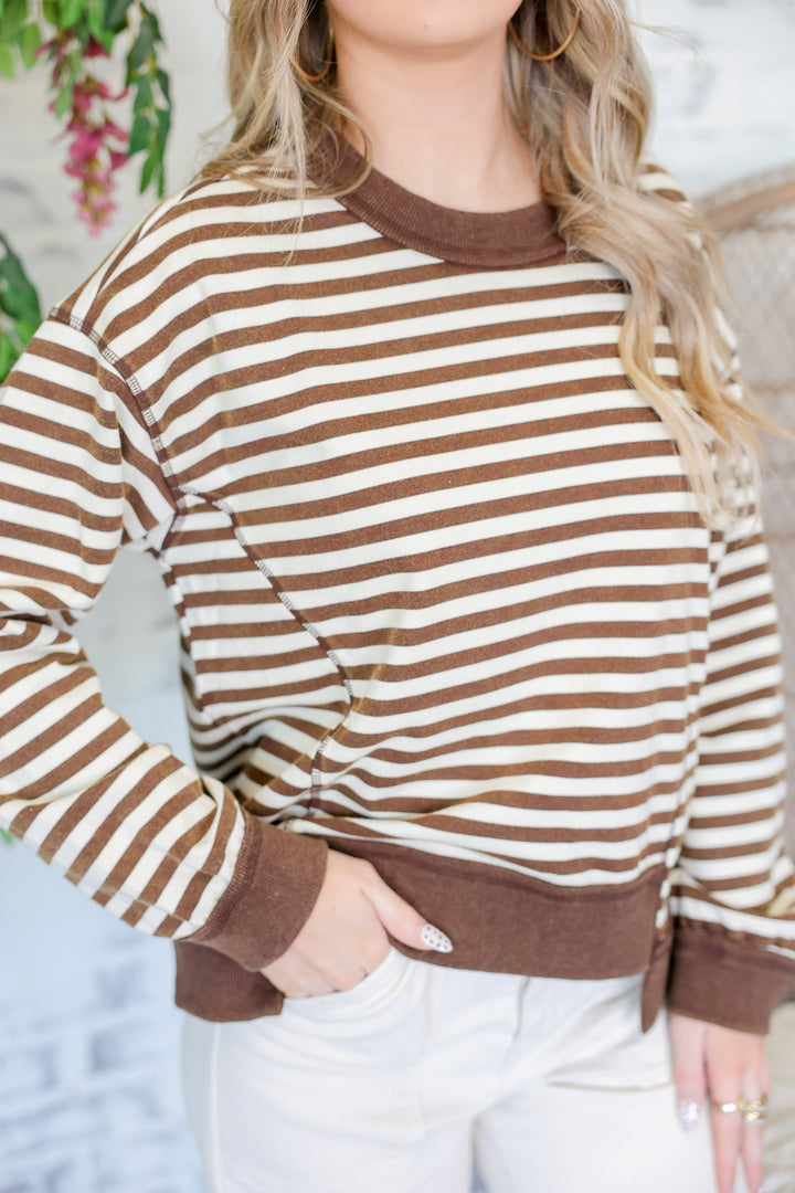 Drop Shoulder Stripe Top "Brown"