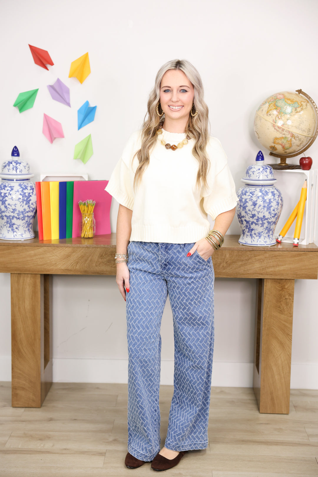 Risen - High Rise Wide Leg Textured Pattern Jeans