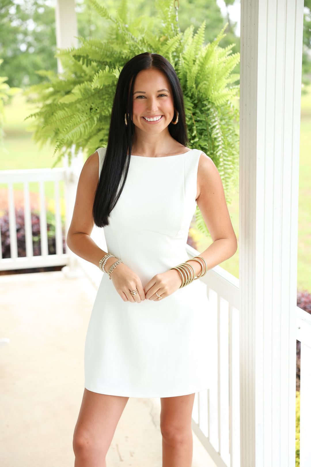 Backless Detail Boat Neck Sleeveless Mini Dress "White"