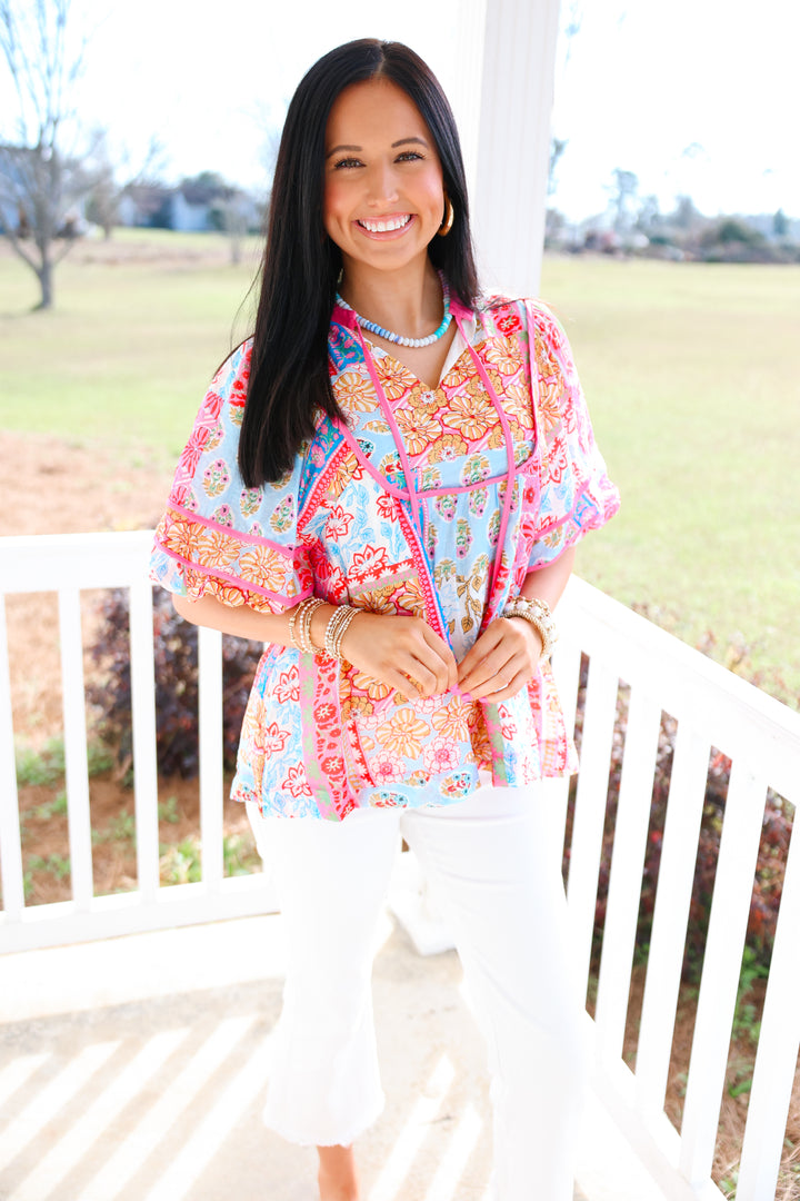 Jasmine Pink Trim Printed Top