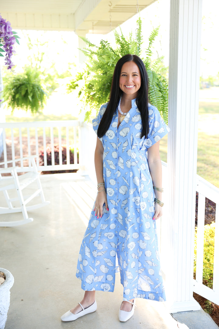 Shell Print Short Sleeve Midi Dress "Blue"