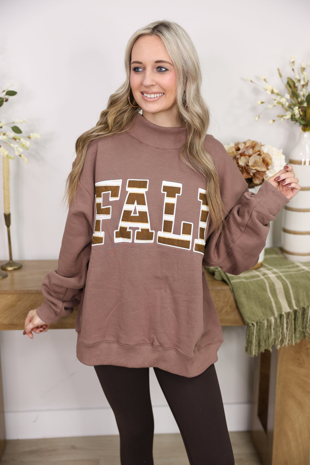 'FALL' Patterned Applique Embroidered Mock Neck Sweatshirt "Brown"