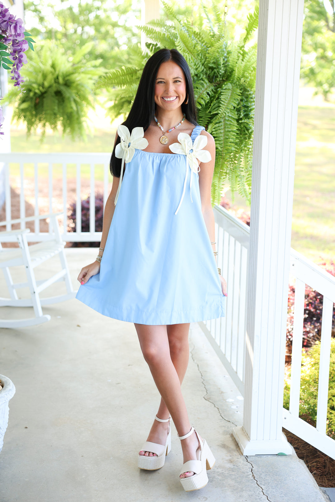 Poplin Mini Dress W/ Contrast Flower Applique "Blue/Cream"