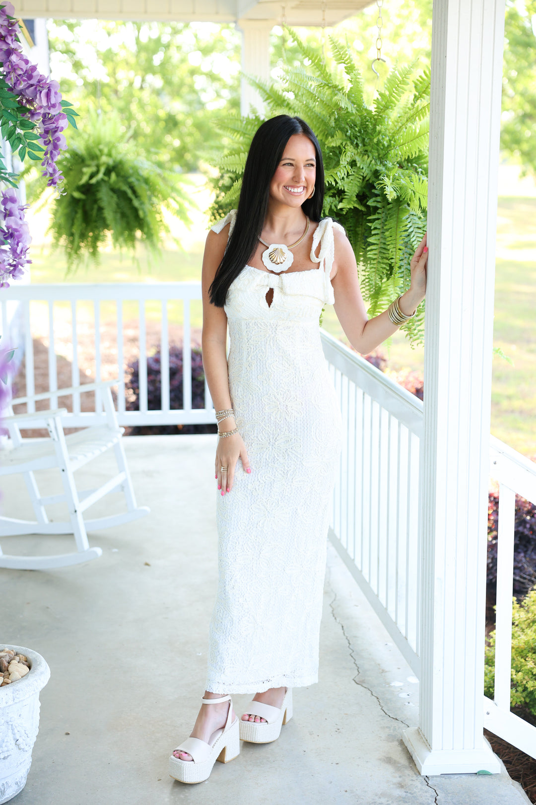 Crochet Embroidered Tie Shoulder Midi Dress Off White Small