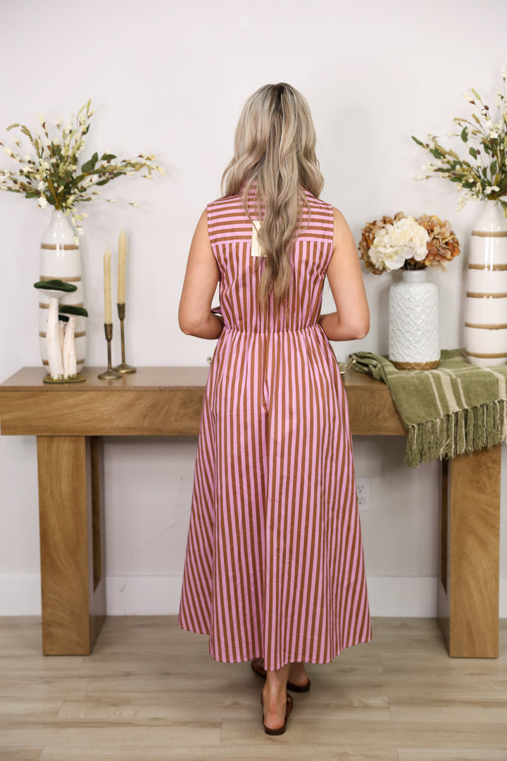 Sarah Striped Collared Sleeveless Midi Dress W/ Front Tie "Camel/Pink"