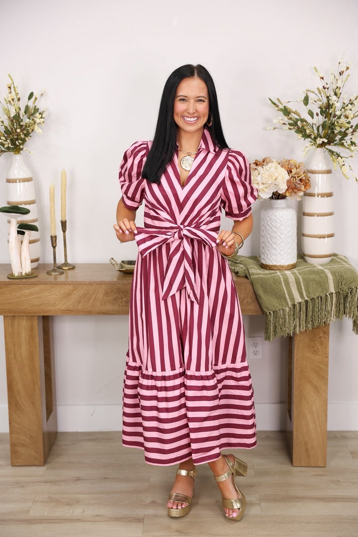 Sally Striped Collared Short Puff Sleeve Midi Dress W/ Front Tie Detail "Pink Wine"