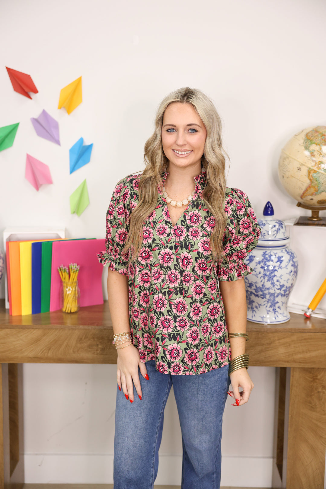 Falling Florals Top "Pink Olive"