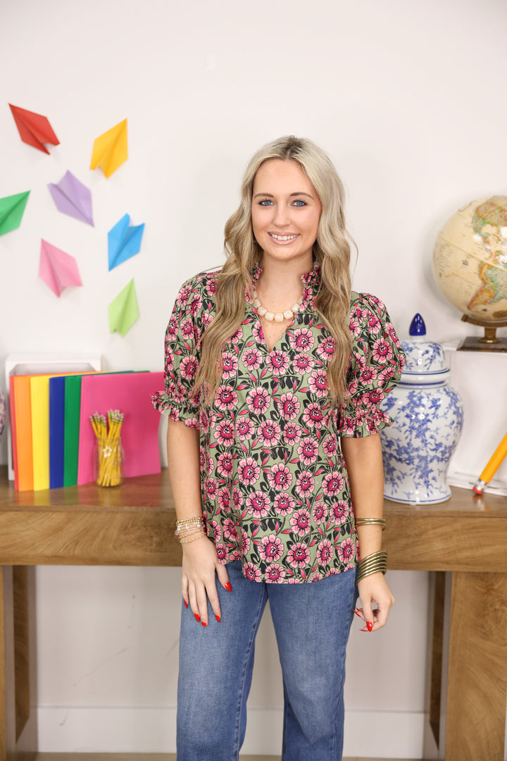 Falling Florals Top "Pink Olive"