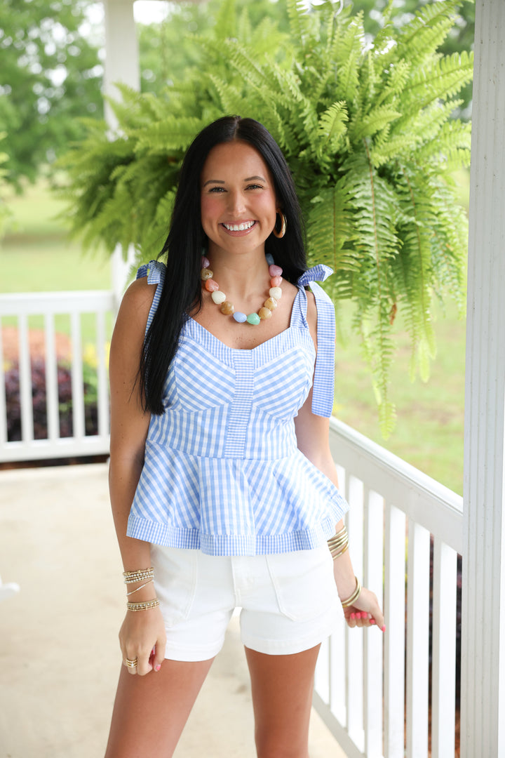 Gingham Sleeveless Peplum Top "Lt Blue"