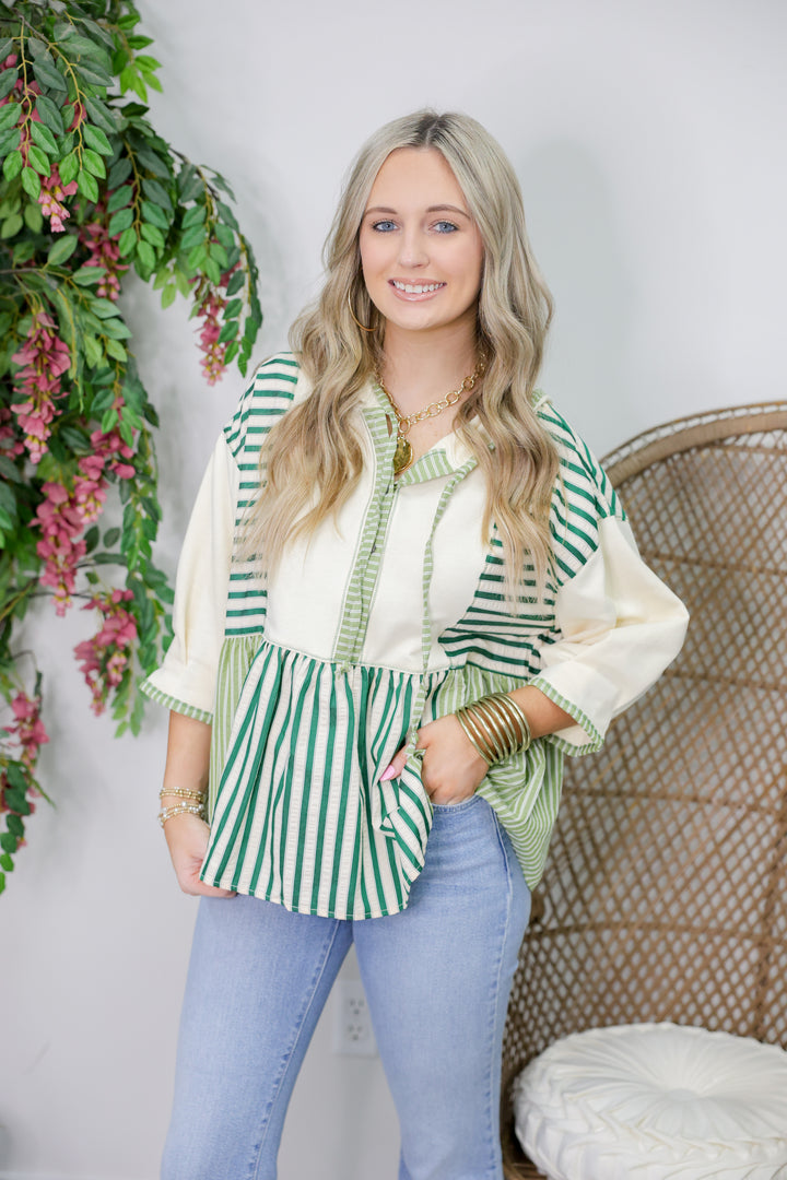 Striped 3/4 Sleeve Peplum Hoodie Top "H Green"