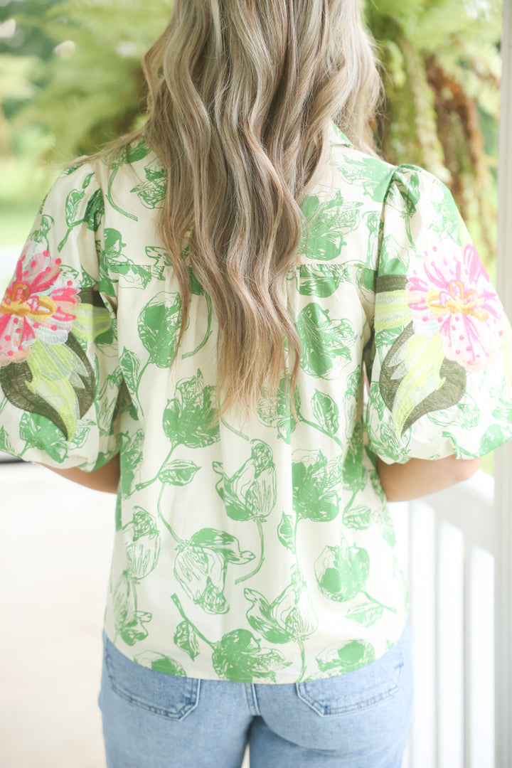 Lovely Leaf Print Embroidered Top